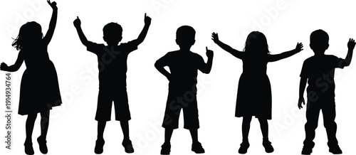 Happy children silhouettes set, group of joyful kids jumping and cheering, elementary students playing together, childhood celebration vector, isolated icons.