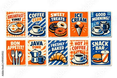 Vintage Food and Coffee Poster Set. Retro Diner Sign Collection with Breakfast, Donuts, Ice Cream, Hot Coffee, and Snack Bar Graphics in Grunge Style.