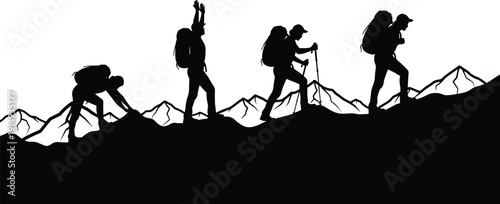 Mountain hikers silhouette set, group of people climbing hills with backpacks, outdoor trekking adventure, nature exploration journey, active lifestyle, vector.