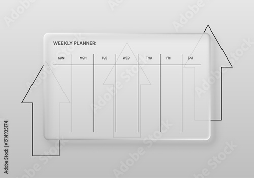 Weekly planner in the style of liquid glass on a background of arrows symbolizing the development and growth of personal or business. Vector 3D illustration.