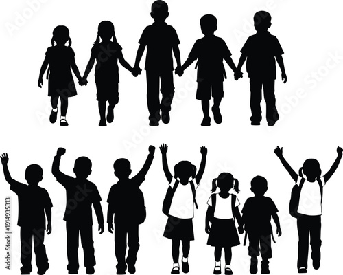 School children silhouettes set, students walking and holding hands, kids with backpacks cheering, elementary education group, childhood friends vector illustration.