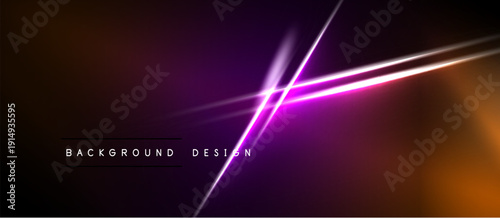 Abstract background features vibrant purple, orange gradients. Diagonal light streaks intersect creating dynamic visual effect. Dark space dominates composition.