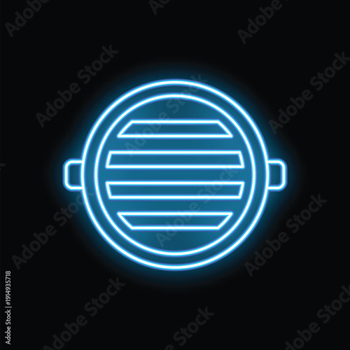 Blue neon sign of a round barbecue grill glowing on a black background