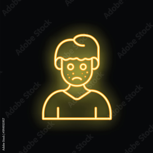 Neon sign depicting a young man with acne, emphasizing the emotional and physical impact of skin conditions