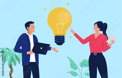 Successful business professionals with a laptop and digital tablet standing next to a large glowing light bulb representing a new idea and creative innovation, flat design vector illustration