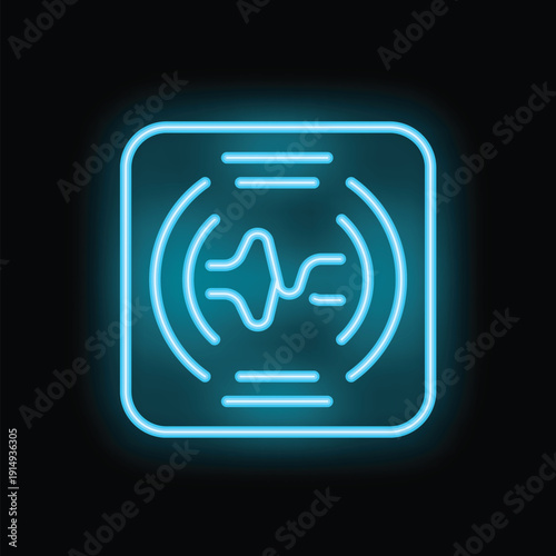 Neon blue ultrasound icon glowing on a black background representing medical imaging