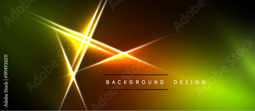 Vibrant neon light streaks intersect. Gradient colors blend from green to orange, creating dynamic background design. Dark space surrounds bright center.