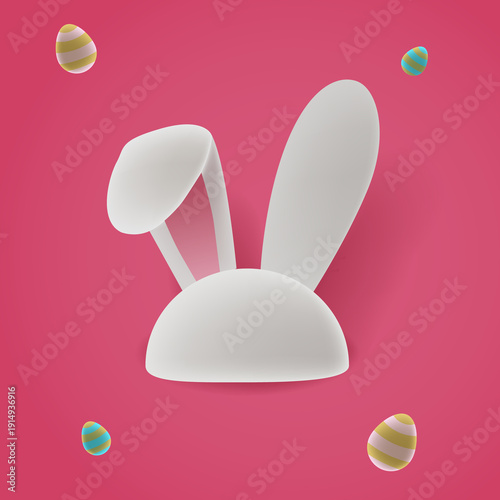 Minimal 3D Easter Bunny Ears with Colorful Eggs on Pink Background