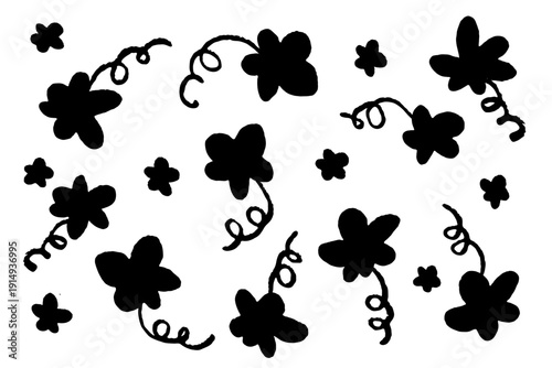 モノクロ北欧風フラワー花柄シームレスパターン背景 手描きボタニカルシルエットデザイン 白背景