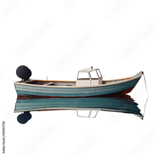 Flat vector illustration of small fishing boat floating on calm water with reflection. Concept of sea travel, coastal life, maritime industry and peaceful journey.