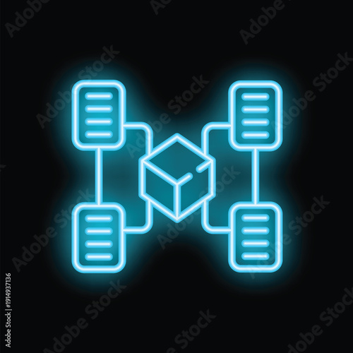 Blue neon blockchain network connecting databases with a cube symbol on a black background