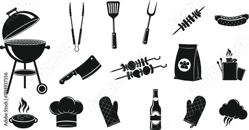 Barbecue tools and chef s hat in a striking black silhouette