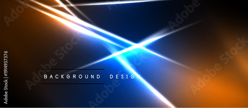 Abstract neon lights create dynamic visual effect. Bright lines intersect against dark backdrop. Modern design element.