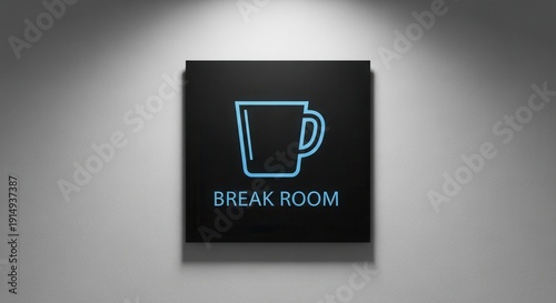 Modern Break Room Signage Depicting A Coffee Mug on A Sleek Black Background
