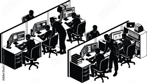Busy office workers at desks collaborating and using computers silhouette