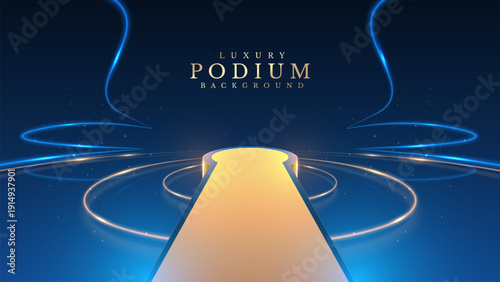 Empty podium golden on blue background with light neon effects with bokeh decorations. Luxury scene design concept. Vector illustrations.