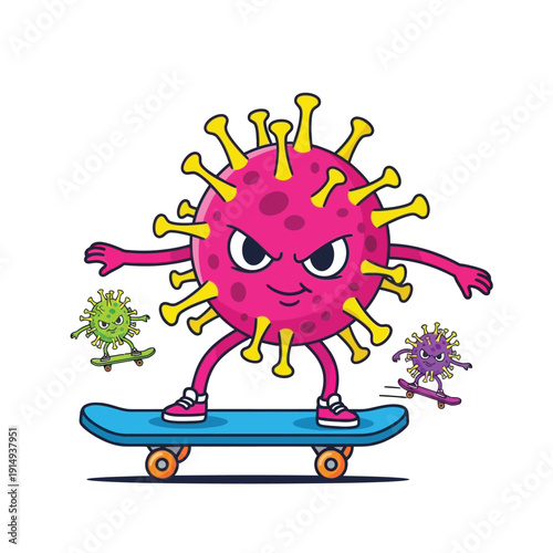 A group of anthropomorphic virus characters, looking determined, ride skateboards and perform tricks, suggesting an active, perhaps uncontrollable, spread.