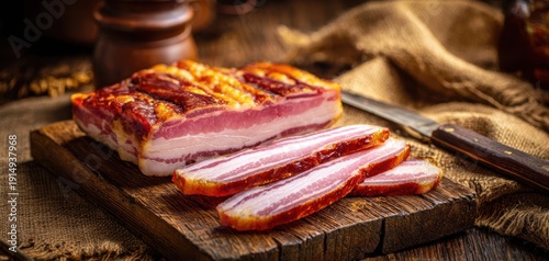 The Smoked Bacon Slab Sliced on Rustic Wooden Cutting Board with Knife