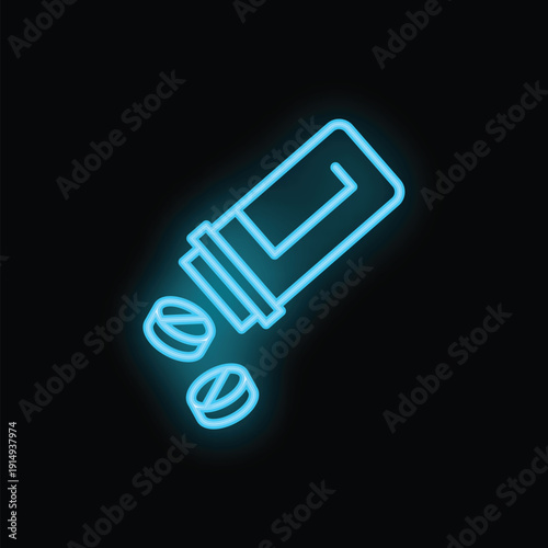 Bright blue neon sign of a prescription bottle tipping over, spilling out round pills on a black background