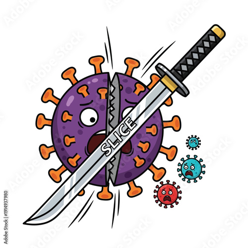 A sharp katana sword cuts a terrified, cartoon coronavirus character into two pieces, representing a powerful and definitive defeat.
