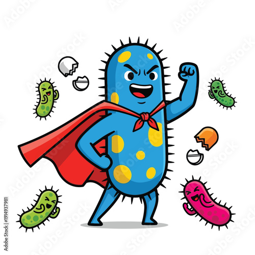 A brave cartoon bacterium, depicted as a superhero with a red cape, stands confidently, having defeated weaker germ-like characters.