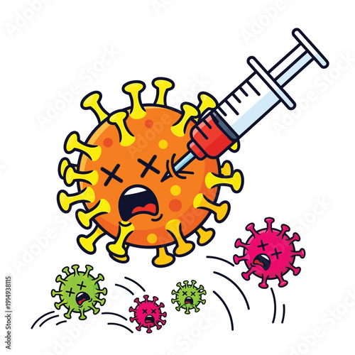 A dead cartoon virus after receiving an injection, with other viruses running away, representing the success of vaccines.