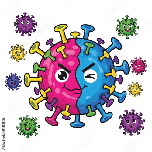 A virus with two faces, one smiling pink and one frowning blue, surrounded by different virus expressions, symbolizing duality and change.