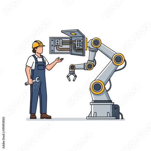 Technician Inspecting Industrial Robot Arm and Electrical Panel in Factory