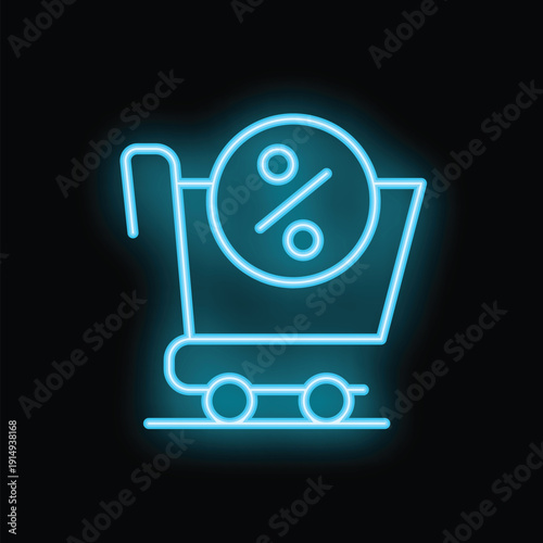Neon blue shopping cart icon is glowing with a percentage sign, symbolizing discounts and savings in online or retail shopping