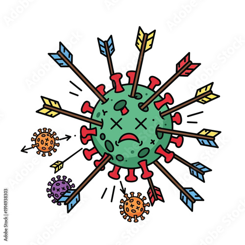 A virus character is impaled by multiple arrows, showing defeat, while other viruses run away, representing the eradication of disease.