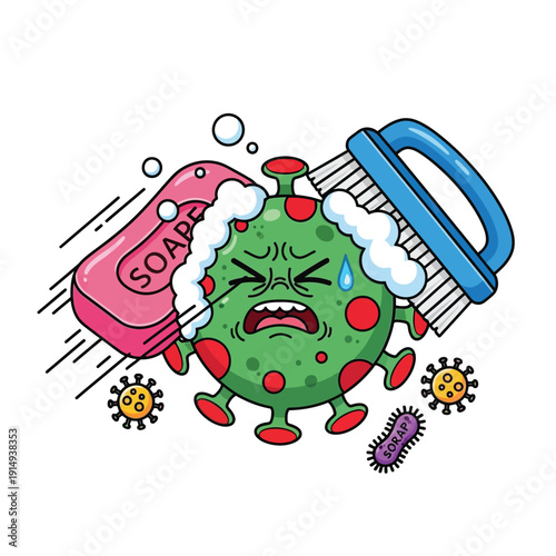 A virus character recoils in pain as it is vigorously scrubbed with soap and a brush, illustrating the power of cleaning against germs.
