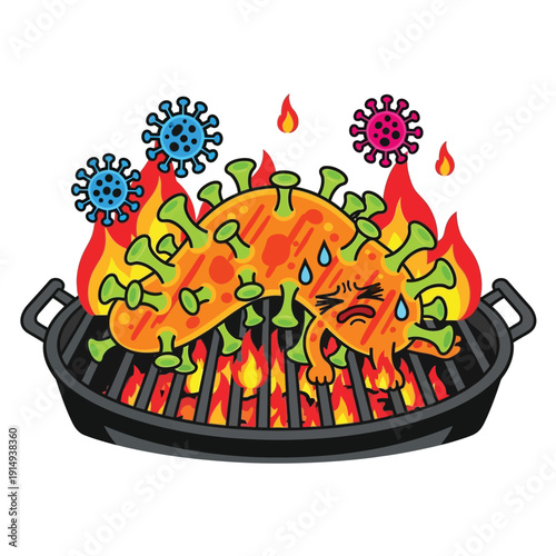 A cartoon depicts an angry coronavirus character being grilled on a barbecue pit with flames, symbolizing the destruction and elimination of the virus.