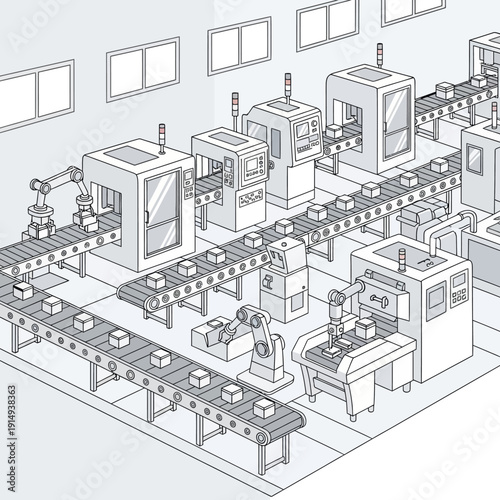 Automated production line with robotic arms and conveyor belts in a factory setting.