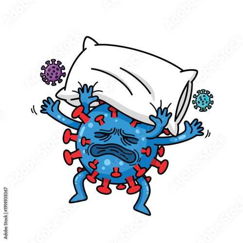 A cartoon shows a tired and blue coronavirus character struggling to support a pillow, representing exhaustion, sickness, and the burden of illness.