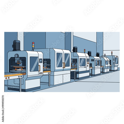 Automated Manufacturing Line with Industrial Machines and Conveyor Belt