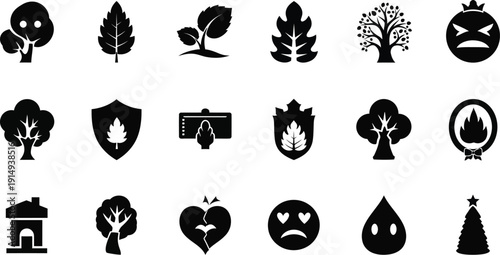 Black foliage and nature icons arranged in a grid distinct silhouette