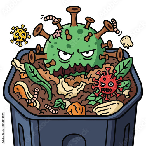 A grotesque illustration of a monstrous coronavirus character rising from a compost bin filled with organic waste, representing decay, rot, and contamination.