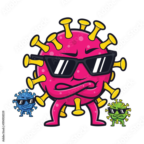 A pink cartoon virus character sports black sunglasses and crossed arms, exuding coolness. Smaller blue and green viruses also wear shades.