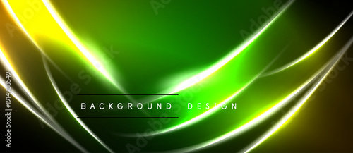 Abstract neon lines create vibrant green, yellow flow. Dark background emphasizes luminous waves, modern design element.