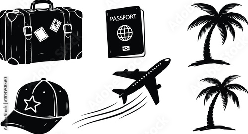 Travel items including a suitcase hat and passport in black silhouette