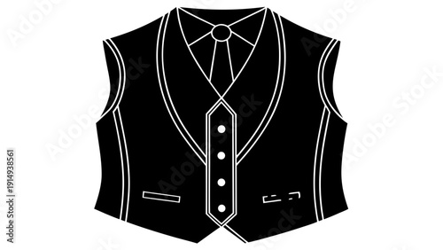 A sleek black waistcoat with white trim, illustrated in a simple graphic style on a clean background.