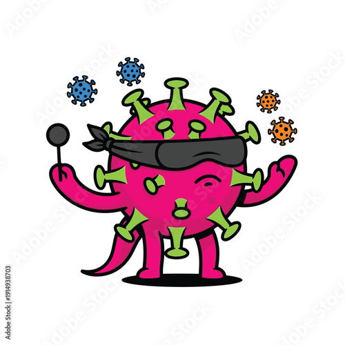 A pink, blindfolded cartoon virus character playfully attempts to stick a pin into itself, surrounded by smaller colorful viruses, suggesting a game or challenge.
