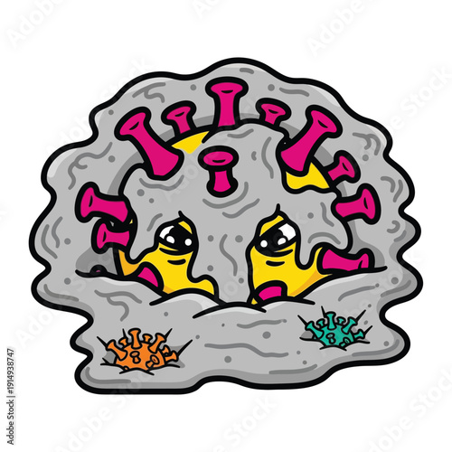 Two cartoon virus characters with fearful expressions are partially submerged in a gray, dusty mass, with smaller viruses around them, conveying anxiety and hiding.
