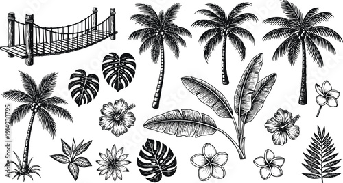 Tropical scene with bridge palm trees and flowers in detailed silhouette
