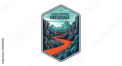 Vintage Obsidian River Canyon Landscape Emblem.