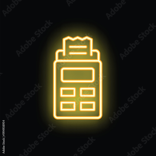 Yellow neon sign of a credit card reader processing payment with receipt on black background