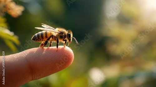 Close-up of a hand with a swollen finger after a bee sting in natural light