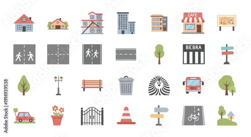 Colorful icons depicting various city elements buildings roads and park features
