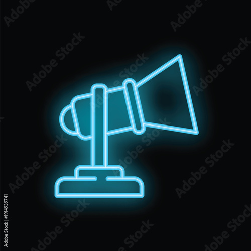 Blue neon sign representing a megaphone, a symbol of communication and announcement