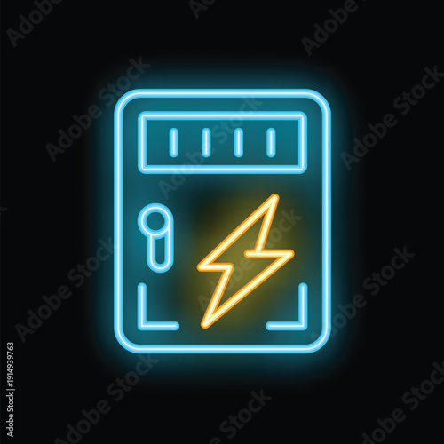 Glowing neon line electrical panel icon isolated on a black background, perfect for electricians and energy concepts